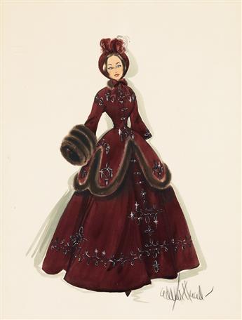 EDITH HEAD. Costume design for Olivia de Havilland as Catherine Sloper in The Heiress. Burgundy coat suit with hat and muff.